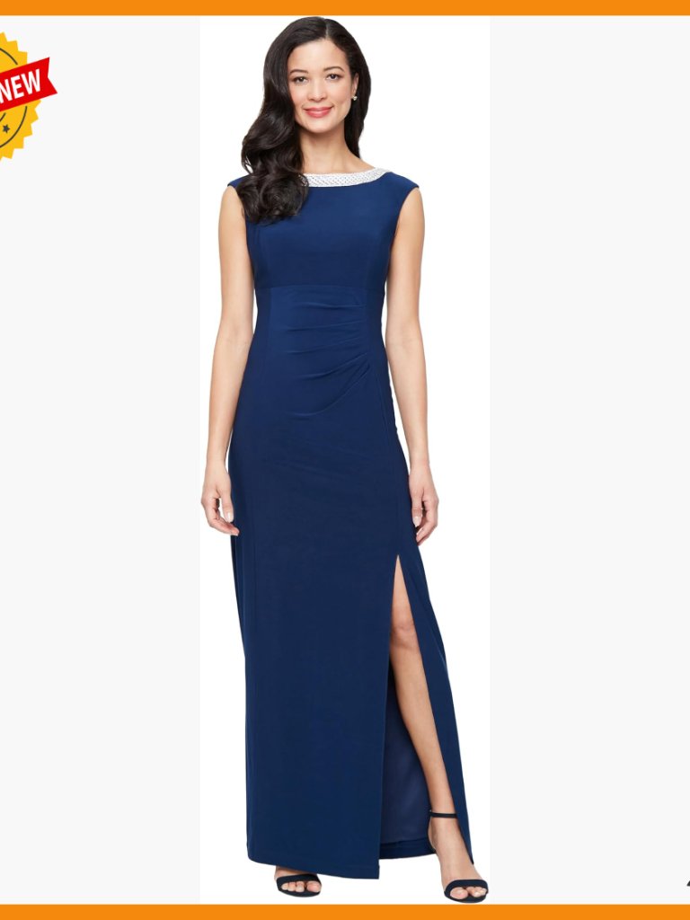 Long Jersey Formal Dress With Rhinestone Neckline, Sheath Silhouette, Petite &